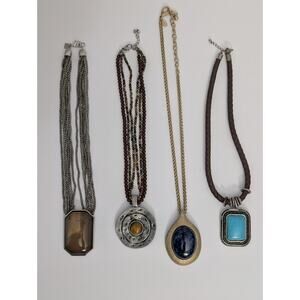 LOT 4 CHUNKY Statement Necklaces: Gunmetal Chains, Tiger Eye, Blue Gold Boho